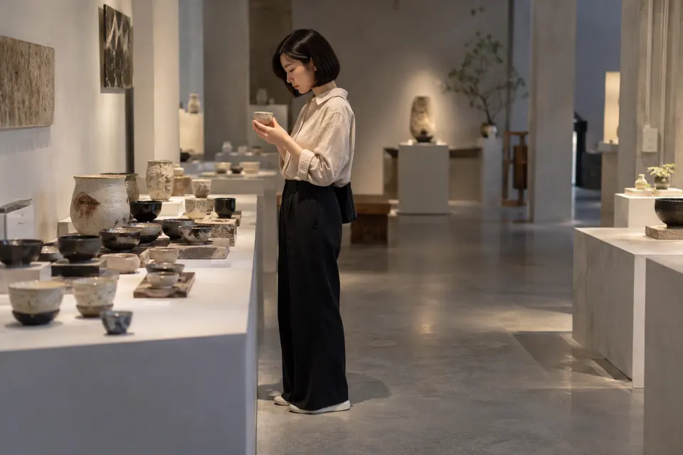 年轻女性在茶器展览现场品饮，桌面上摆着陶瓷茶具